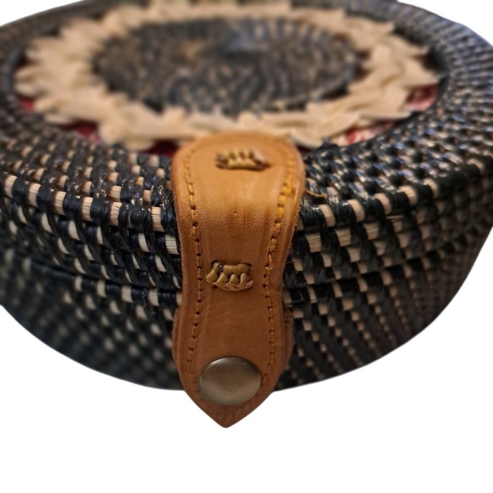 Handwoven Round Rattan Crossbody Bag Black Cream Woven Straw Batik Lining 8in - Picture 9 of 14